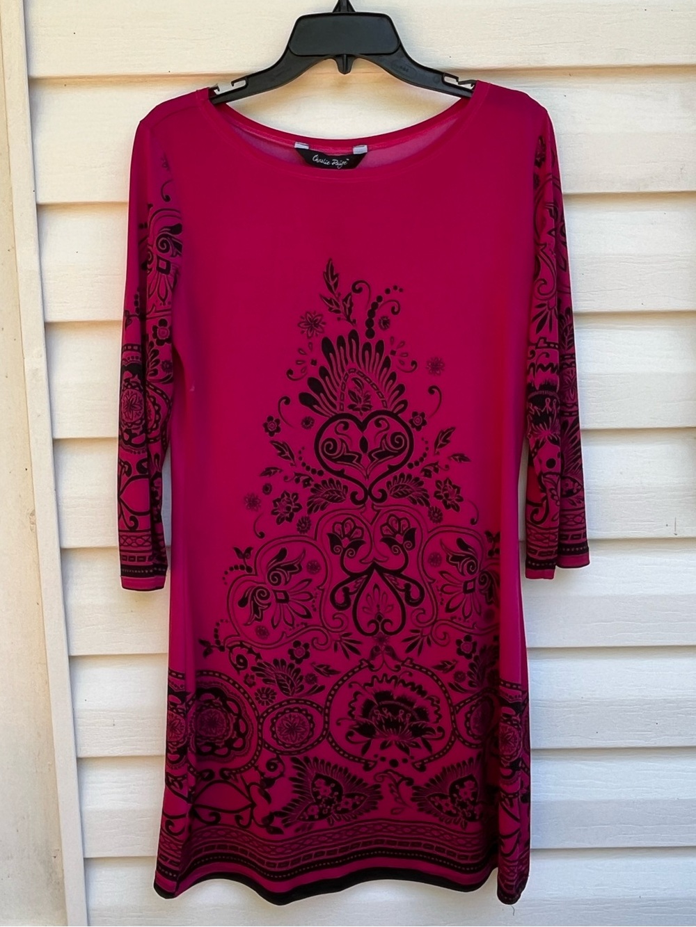 Charlie Paige Fuchsia Midi Dress with Black Floral Print M